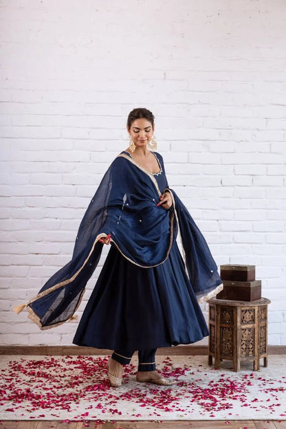 Vichitra Silk Anarkali Gown Set with Beaded Neckline & Dupatta