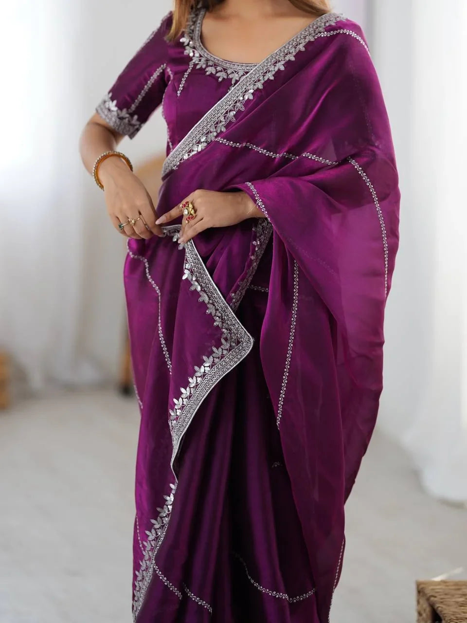 Organza Silk Saree with Thread & Sequin Embroidery | Chicorawear