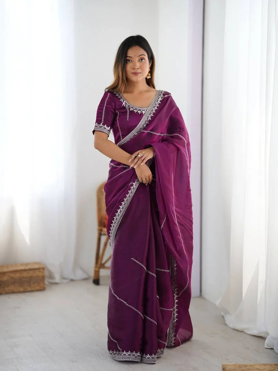Organza Silk Saree with Thread & Sequin Embroidery | Chicorawear