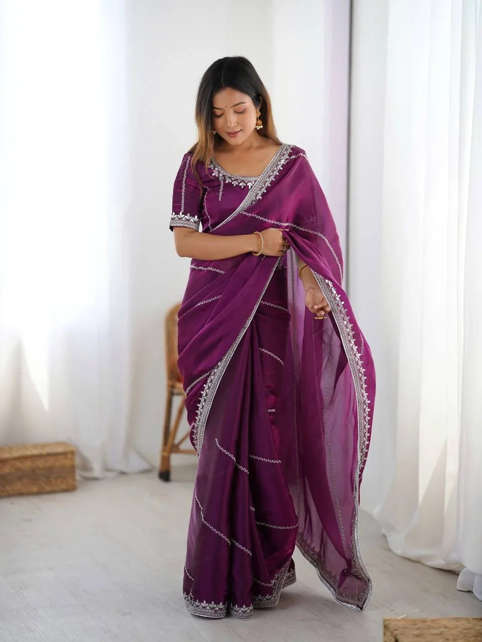 Organza Silk Saree with Thread & Sequin Embroidery | Chicorawear