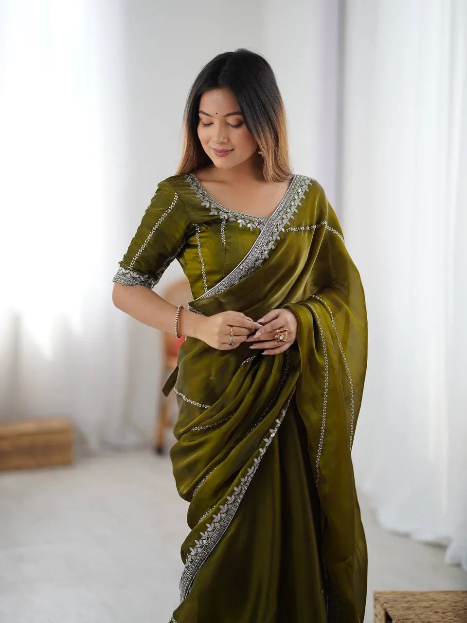 Organza Silk Saree with Thread & Sequin Embroidery | Chicorawear