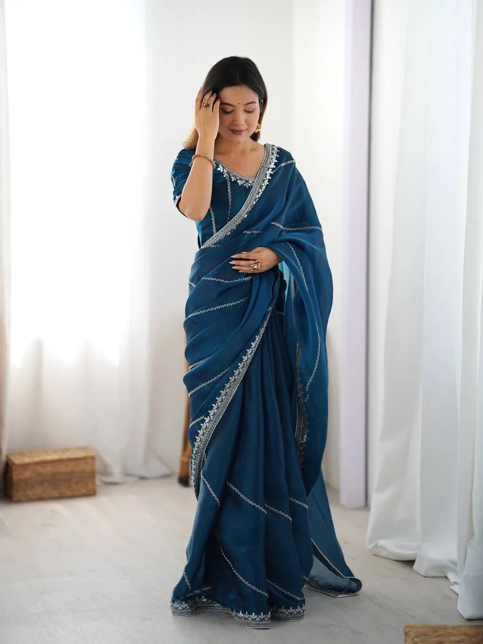 Organza Silk Saree with Thread & Sequin Embroidery | Chicorawear