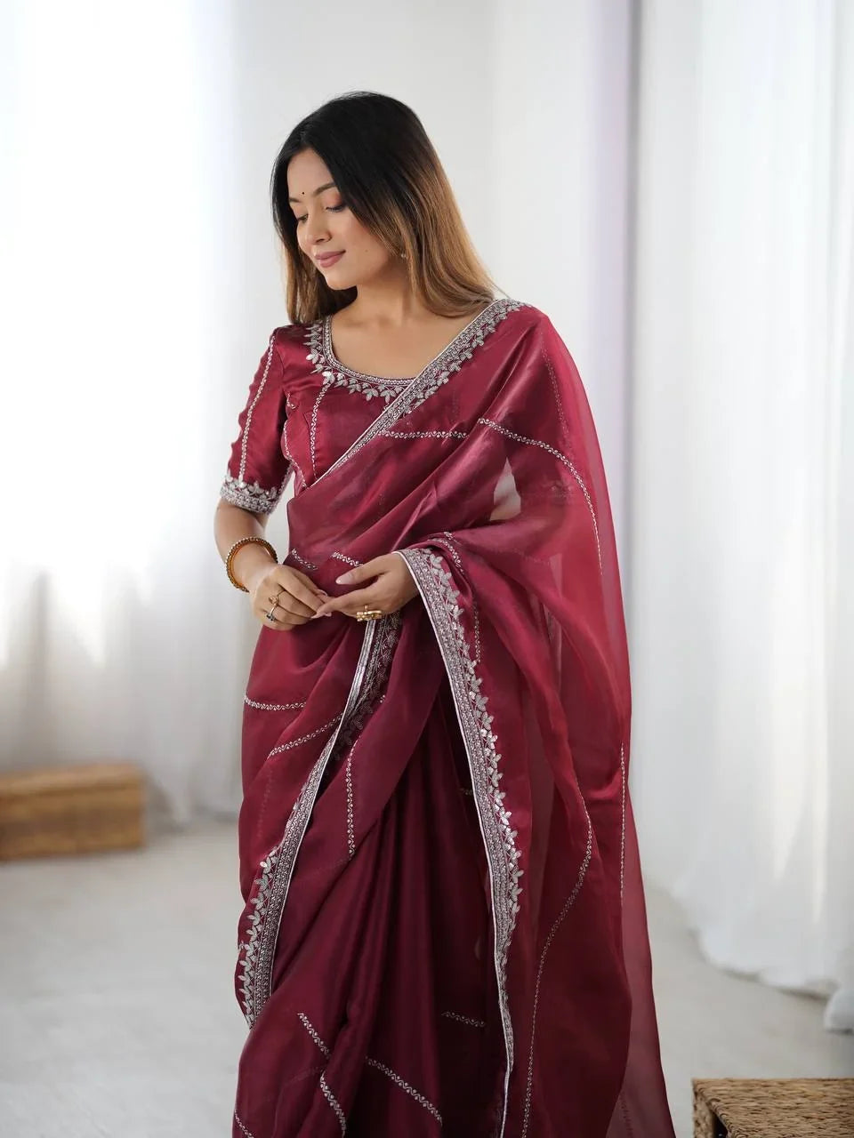 Organza Silk Saree with Thread & Sequin Embroidery | Chicorawear