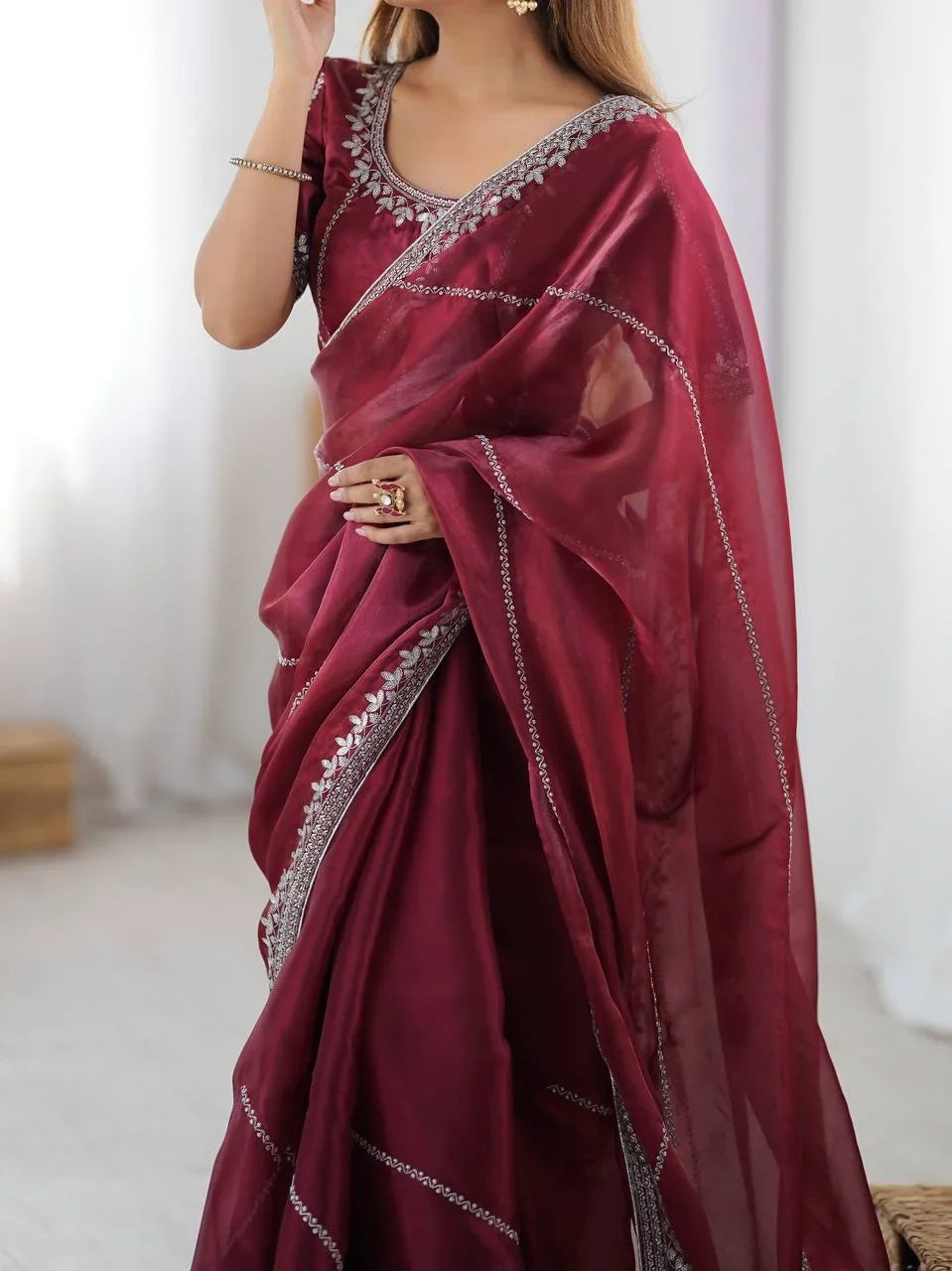 Organza Silk Saree with Thread & Sequin Embroidery | Chicorawear