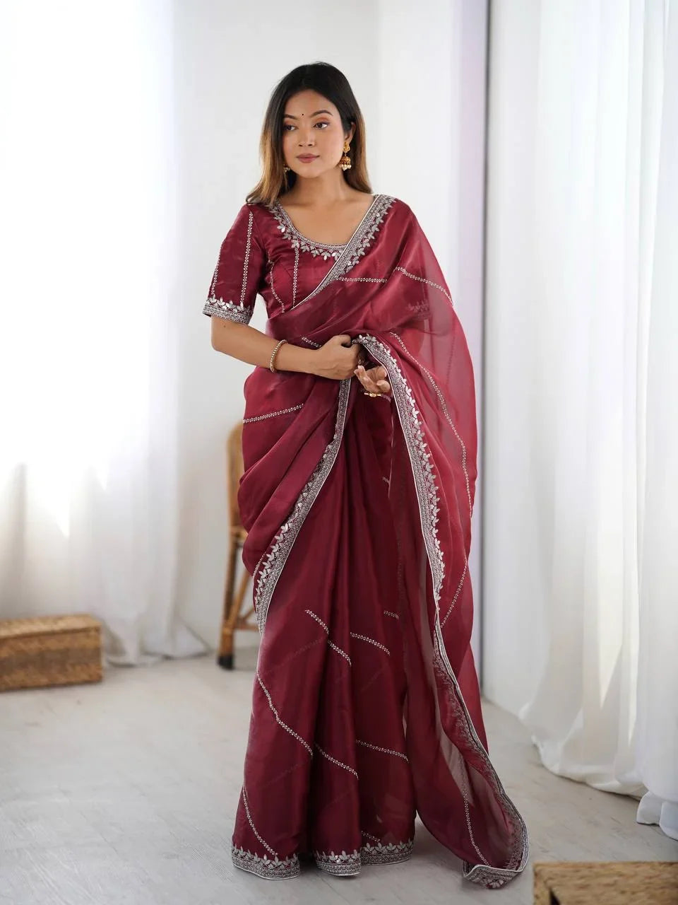 Organza Silk Saree with Thread & Sequin Embroidery | Chicorawear
