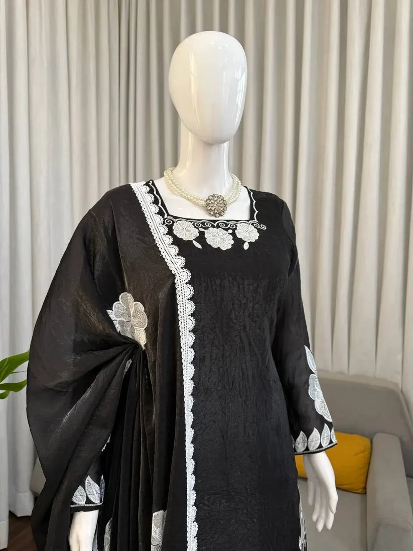 Black Embroidered Fendy Silk Palazzo Suit Set