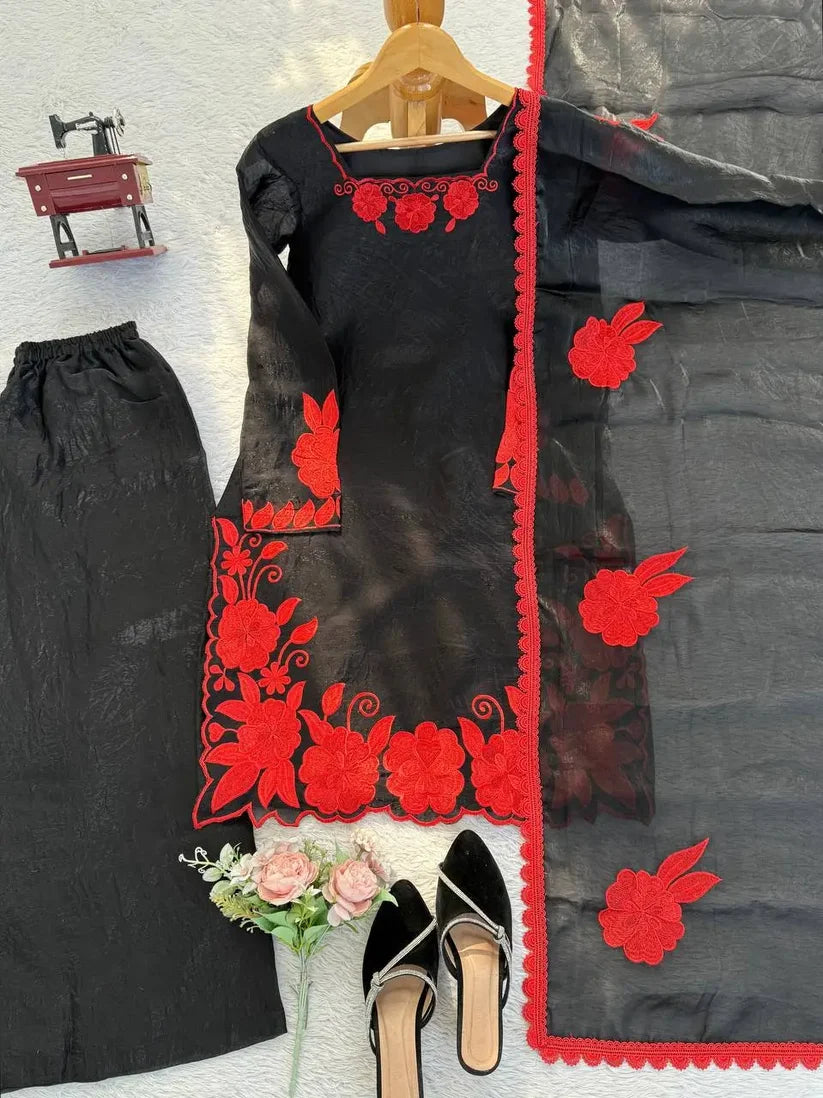 Black & Red Embroidered Fendy Silk Palazzo Suit Set