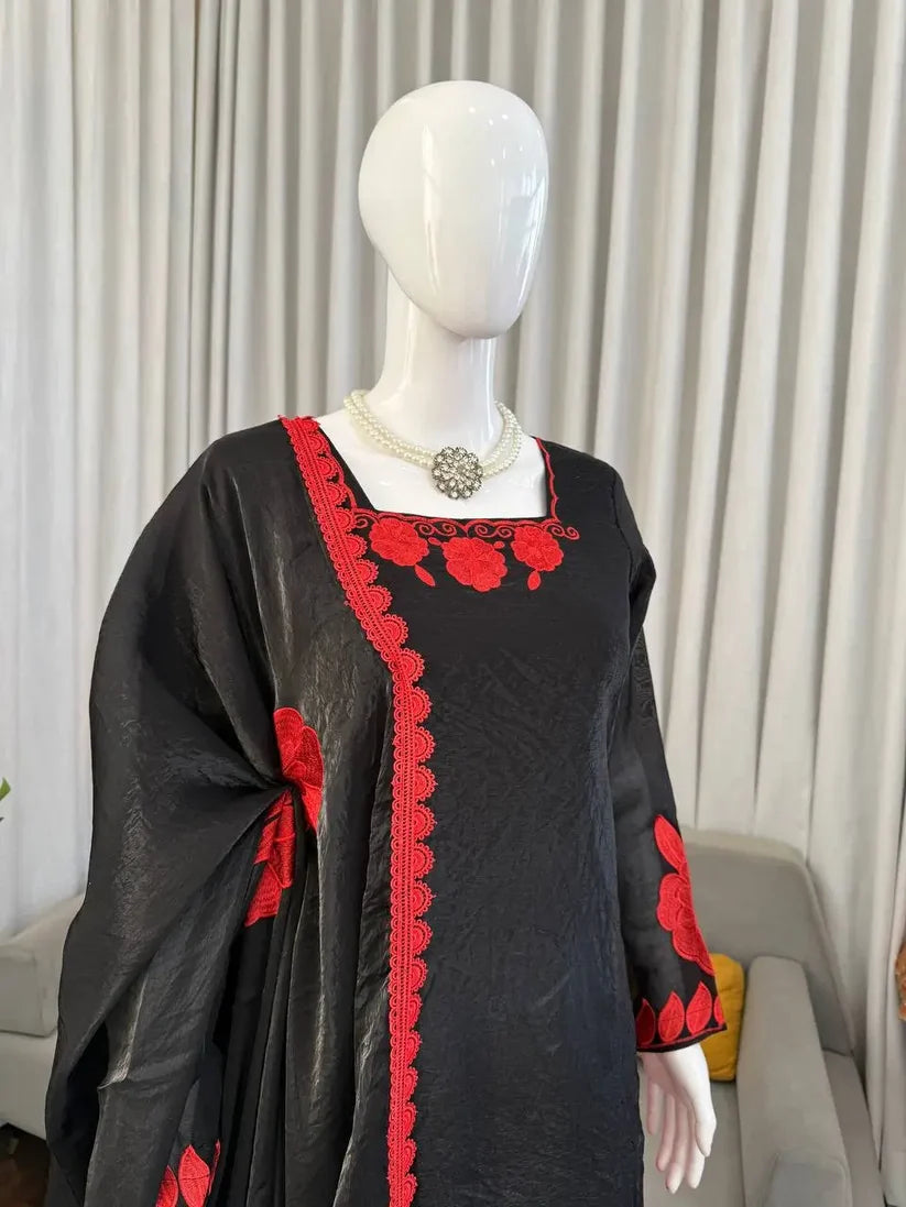 Black & Red Embroidered Fendy Silk Palazzo Suit Set