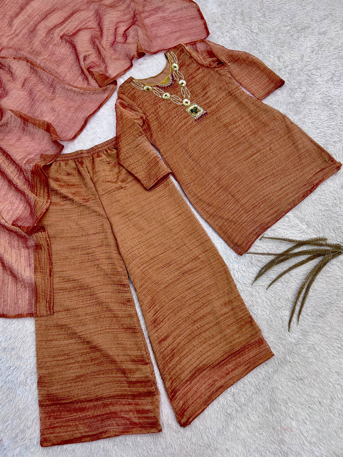 Copper Brown Pure Salsa Crush Silk Embroidered Top Palazzo Dupatta Set