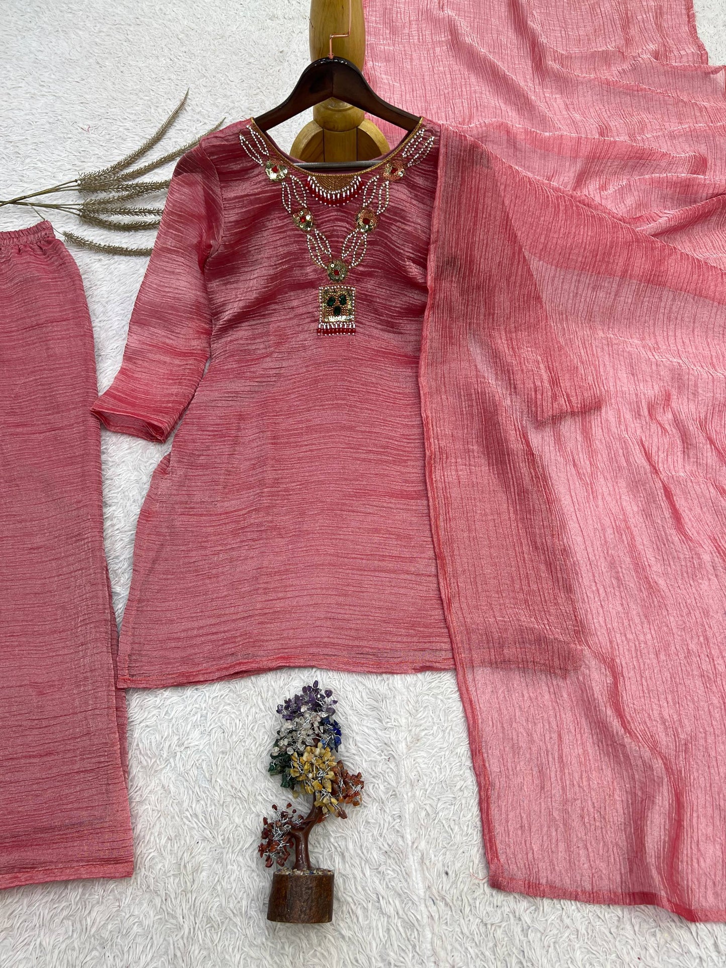 Mauve Pink Pure Salsa Crush Silk Embroidered Top Palazzo Dupatta Set