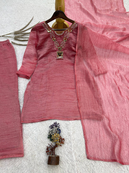 Mauve Pink Pure Salsa Crush Silk Embroidered Top Palazzo Dupatta Set