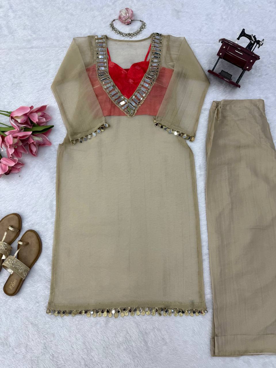 Ivory Salsa Silk 3 Piece Suit with Original Mirror Work, Printed Inner Tube & Palazzo
