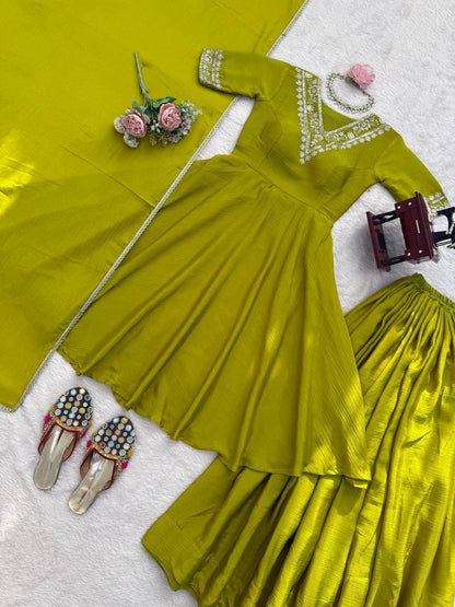 Lime Green Chinon Silk Embroidered Palazzo Suit with Dupatta