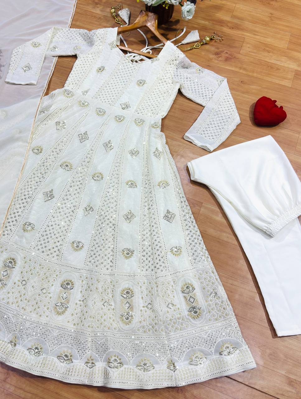Off White Sequin Embroidered Anarkali Suit