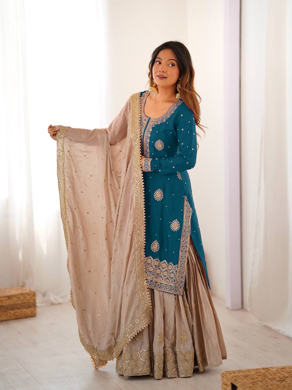 Designer Chinon Silk Embroidered Sharara Suit with Pearl Work Dupatta
