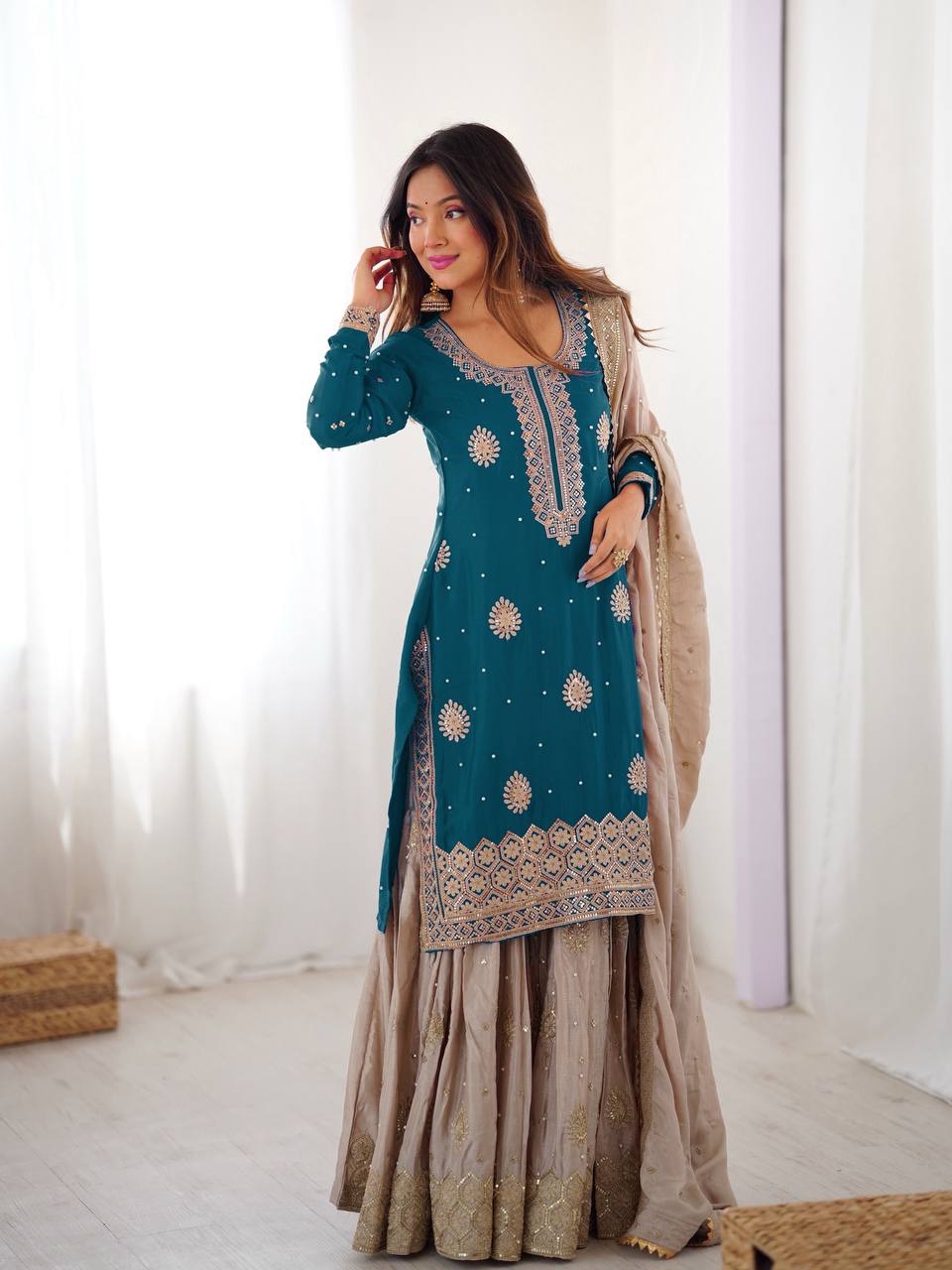 Designer Chinon Silk Embroidered Sharara Suit with Pearl Work Dupatta