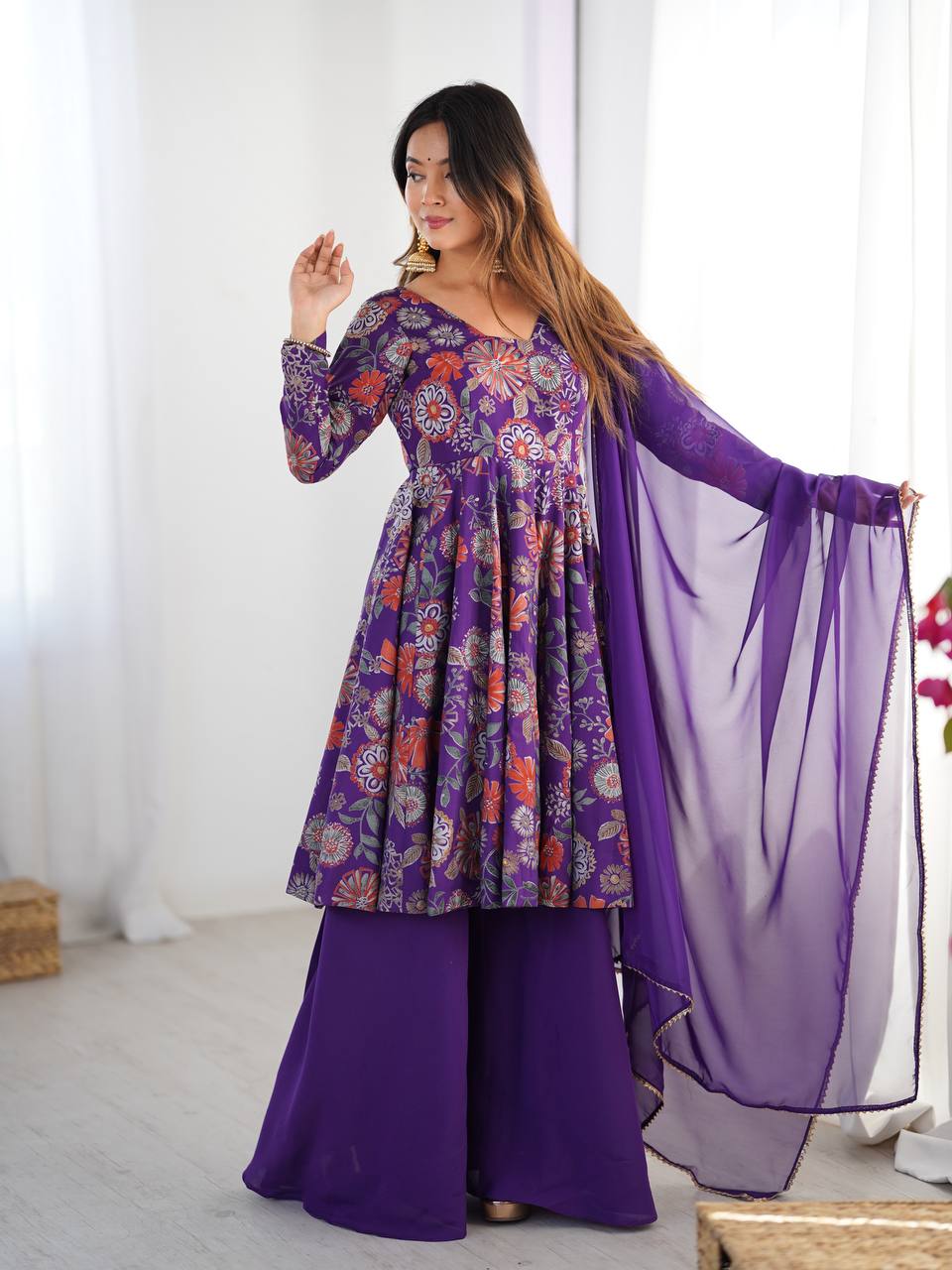 Purple Roman Silk Chanderi Printed Kediya Palazzo Set