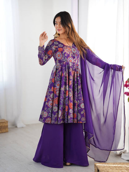 Purple Roman Silk Chanderi Printed Kediya Palazzo Set