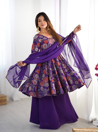 Purple Roman Silk Chanderi Printed Kediya Palazzo Set
