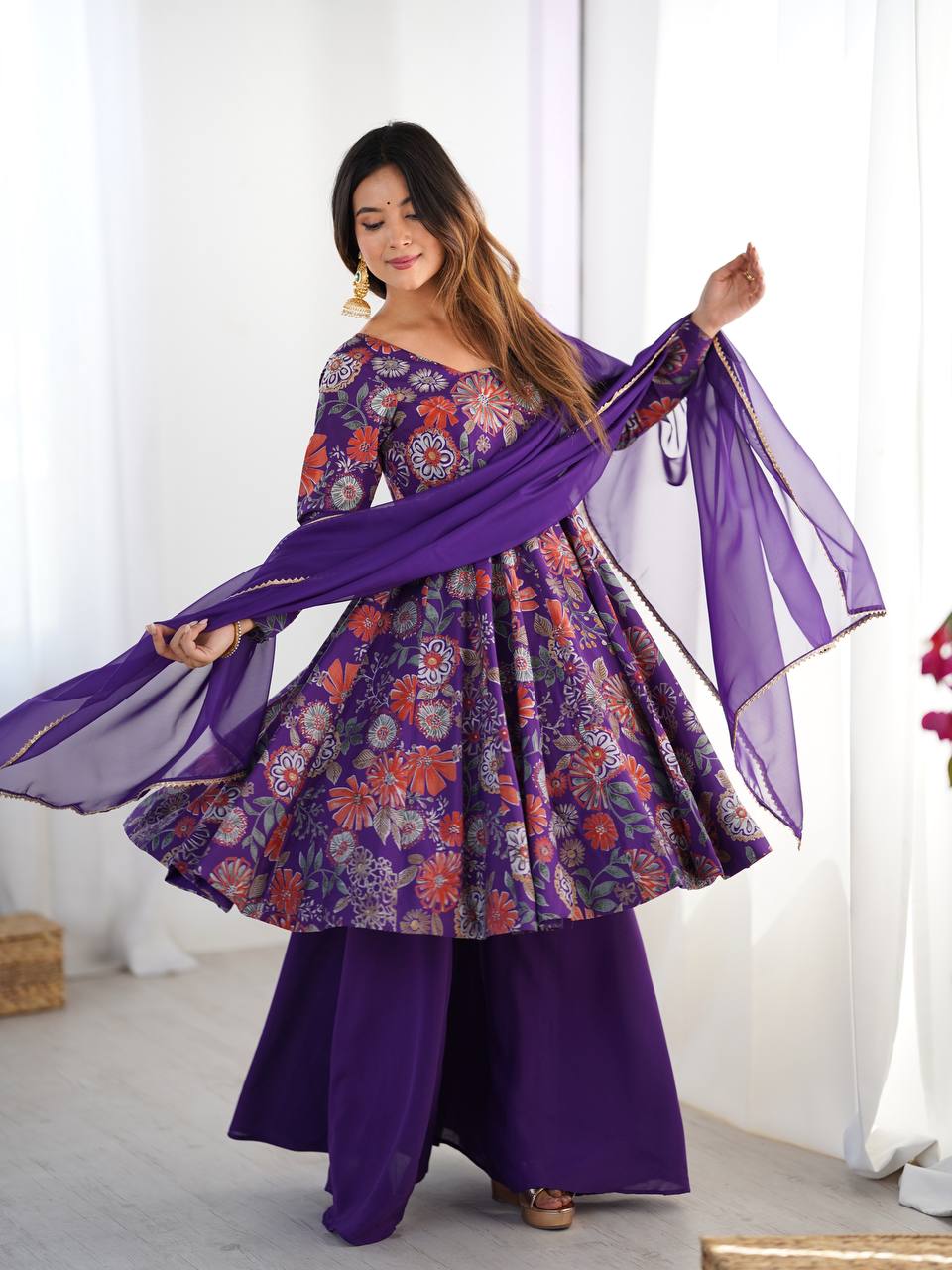 Purple Roman Silk Chanderi Printed Kediya Palazzo Set