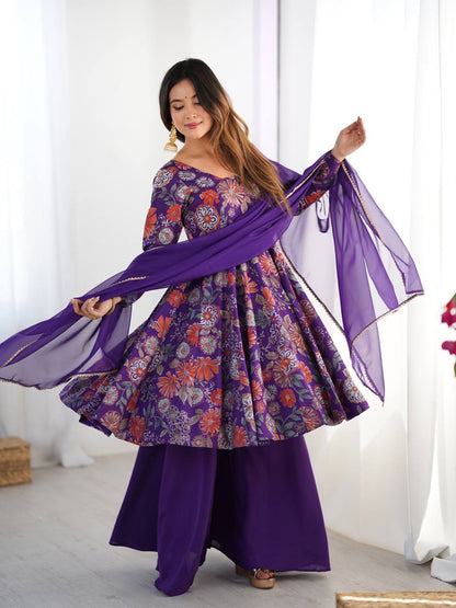 Purple Roman Silk Chanderi Printed Kediya Palazzo Set