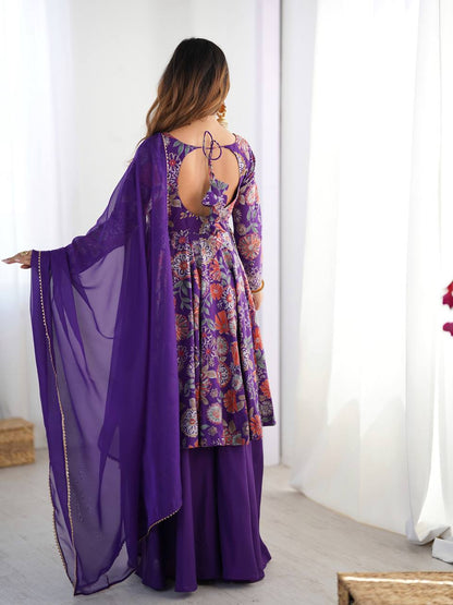 Purple Roman Silk Chanderi Printed Kediya Palazzo Set