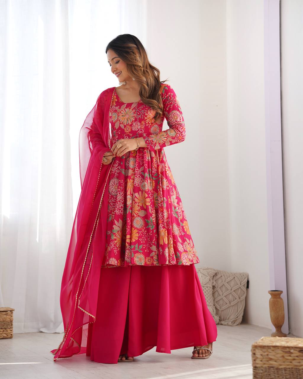 Pink Roman Silk Chanderi Printed Kediya Palazzo Set