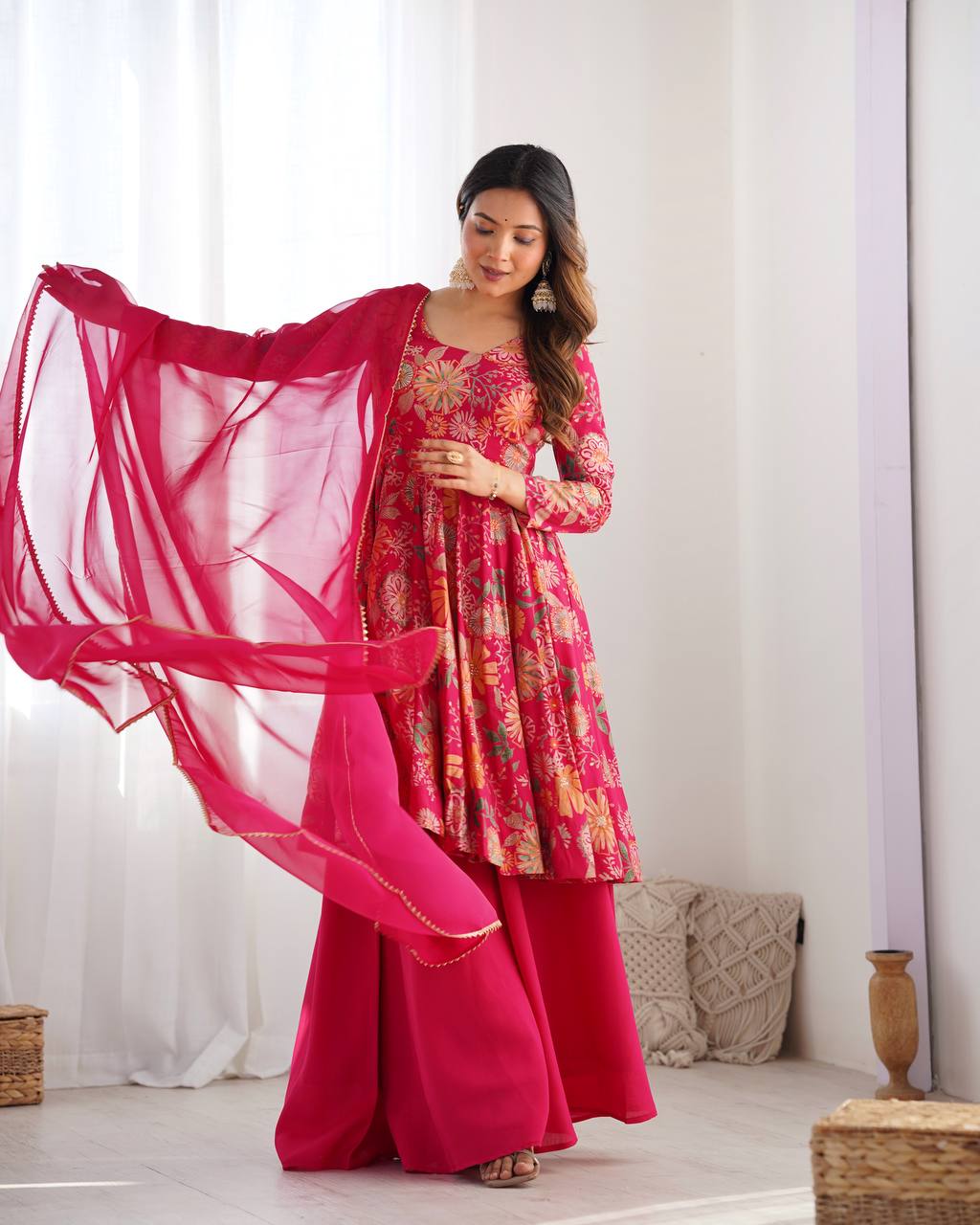 Pink Roman Silk Chanderi Printed Kediya Palazzo Set