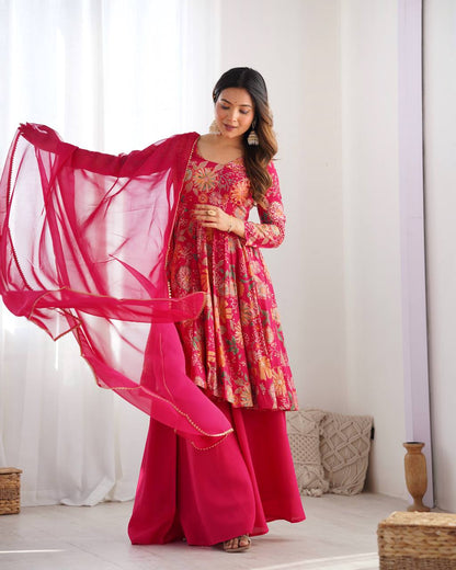 Pink Roman Silk Chanderi Printed Kediya Palazzo Set