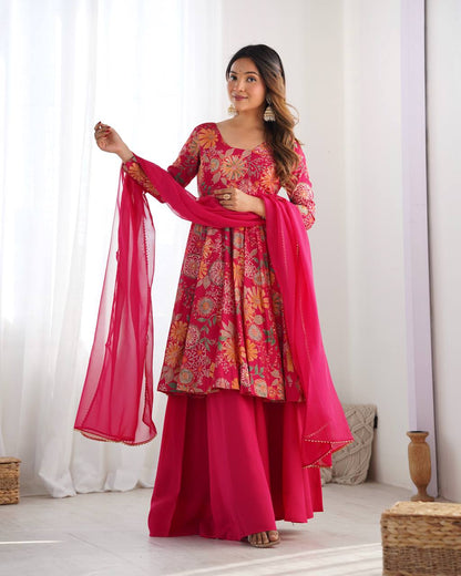 Pink Roman Silk Chanderi Printed Kediya Palazzo Set