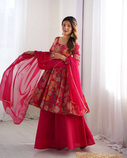 Pink Roman Silk Chanderi Printed Kediya Palazzo Set