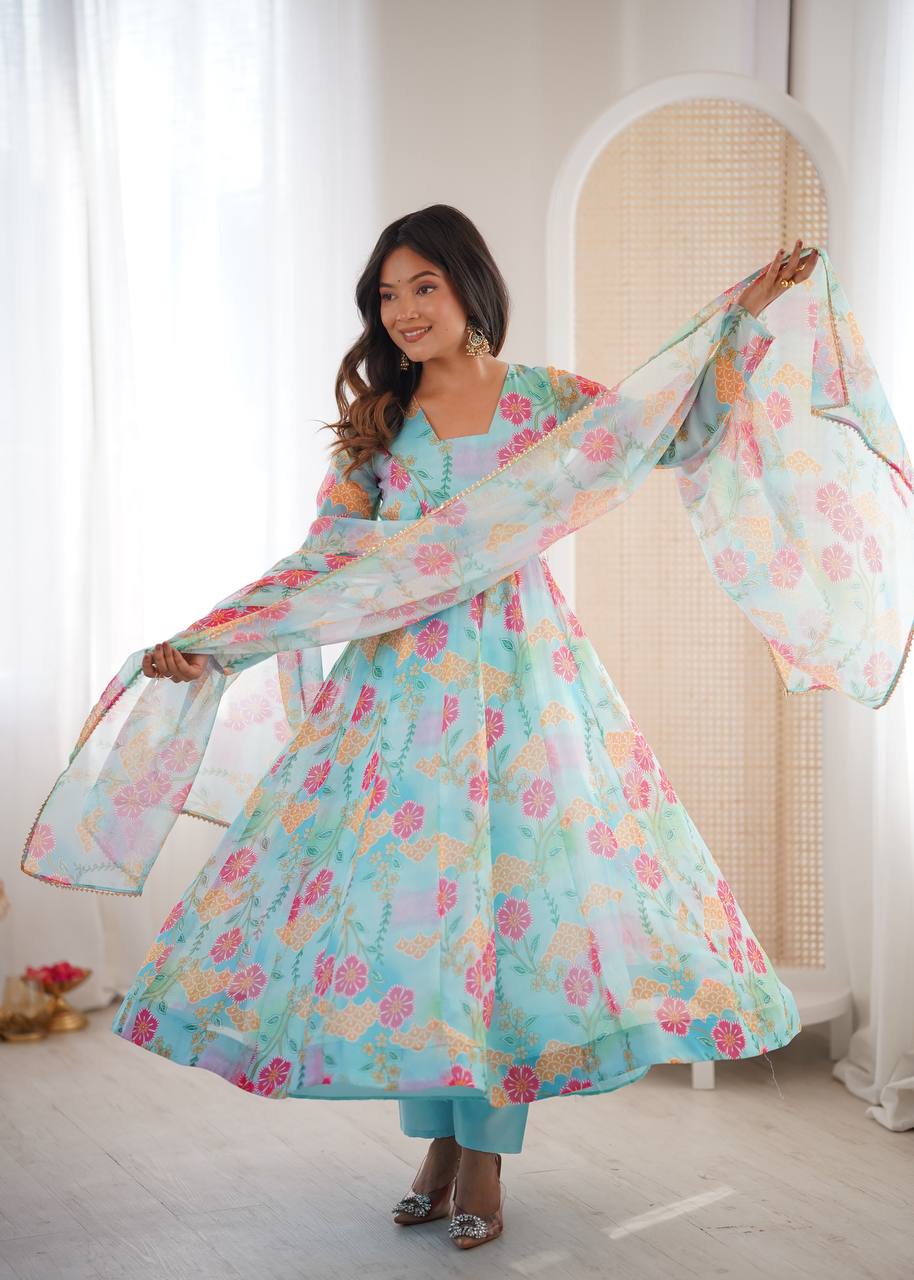 Premium Sky Blue Floral Organza Anarkali Suit Set