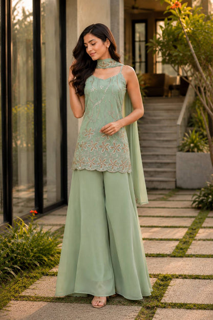 Mint Green Faux Georgette Embroidered Kurti Palazzo Set