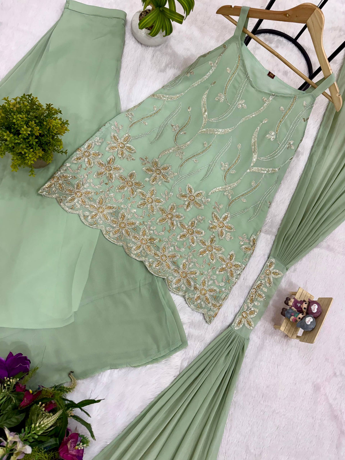Mint Green Faux Georgette Embroidered Kurti Palazzo Set