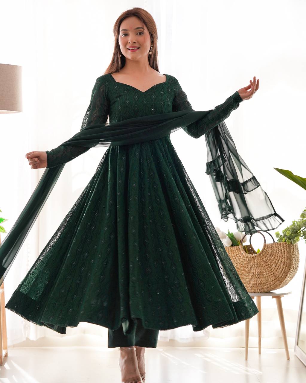 Green Fox Georgette Lucknowi Sequin Work Anarkali Suit with Ruffle Dupatta