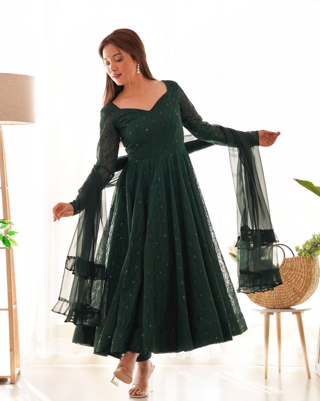 Green Fox Georgette Lucknowi Sequin Work Anarkali Suit with Ruffle Dupatta