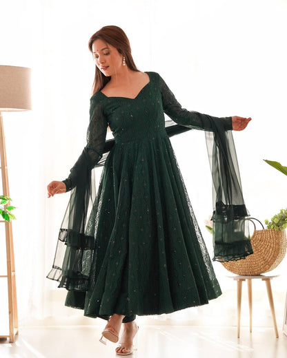 Green Fox Georgette Lucknowi Sequin Work Anarkali Suit with Ruffle Dupatta