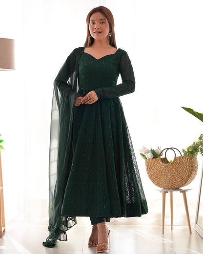 Green Fox Georgette Lucknowi Sequin Work Anarkali Suit with Ruffle Dupatta