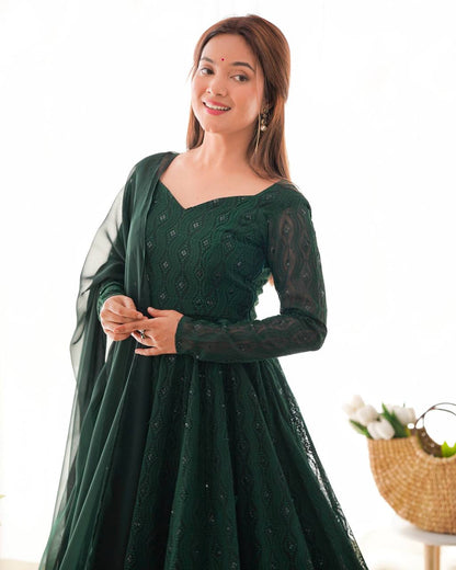 Green Fox Georgette Lucknowi Sequin Work Anarkali Suit with Ruffle Dupatta