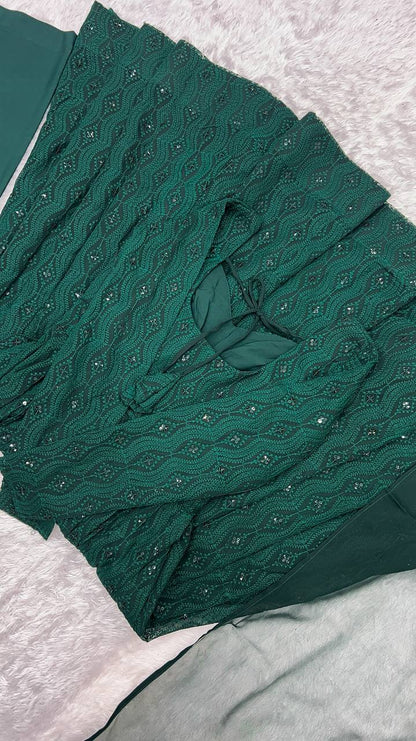 Green Fox Georgette Lucknowi Sequin Work Anarkali Suit with Ruffle Dupatta