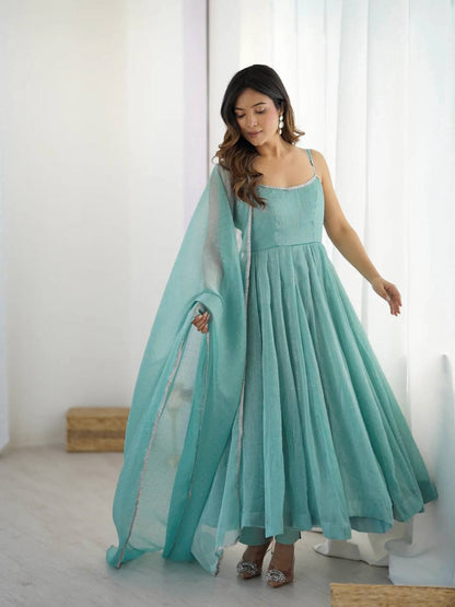 Sky Crunchy Silk Swarovski Anarkali Suit Set