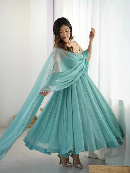 Sky Crunchy Silk Swarovski Anarkali Suit Set