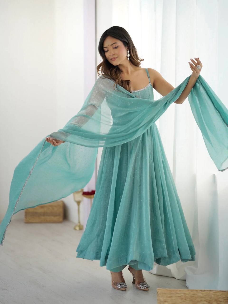 Sky Crunchy Silk Swarovski Anarkali Suit Set