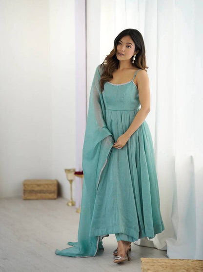 Sky Crunchy Silk Swarovski Anarkali Suit Set