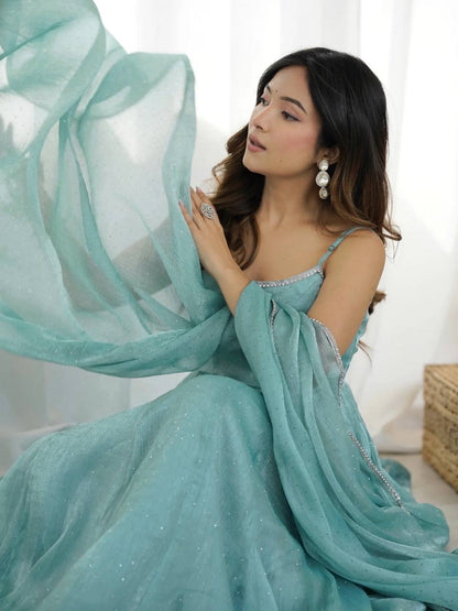 Sky Crunchy Silk Swarovski Anarkali Suit Set