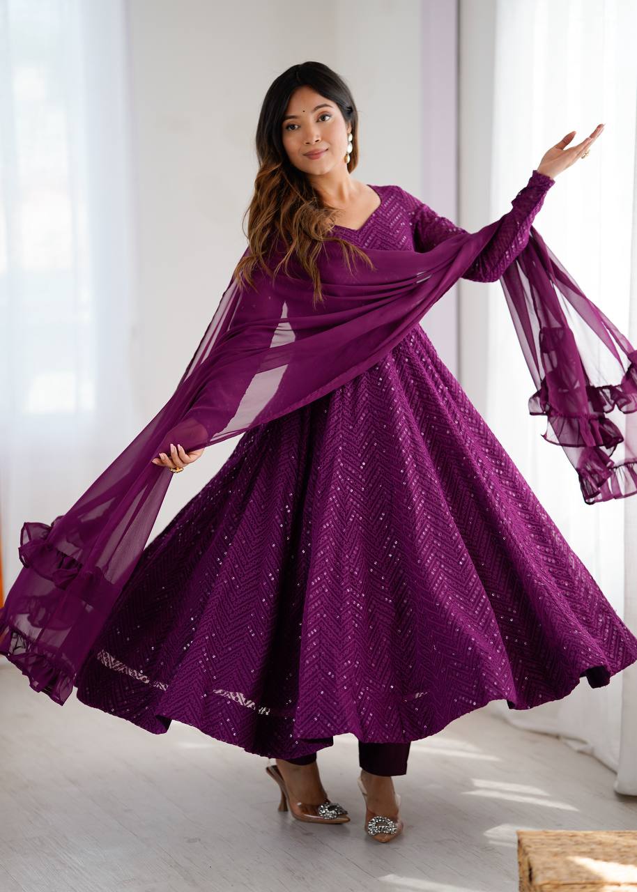 Fox Georgette Lucknowi Sequin & Thread Work Anarkali Suit with Ruffle Dupatta