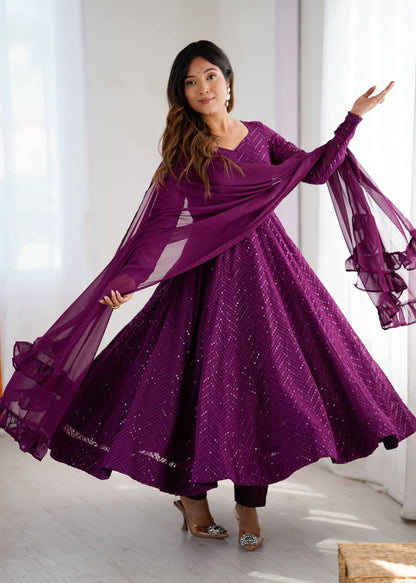 Fox Georgette Lucknowi Sequin & Thread Work Anarkali Suit with Ruffle Dupatta