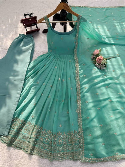 Embroidered Sequins Faux Georgette Anarkali Suit Set With Pant & Dupatta