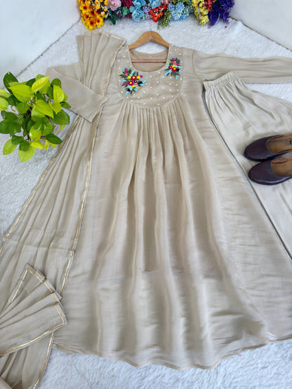 Beige Pure Chanderi Cotton Embroidered Gown With Pant & Dupatta