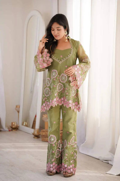Sage Green Premium Silk Embroidered Co-Ord Set with Bell Sleeves & Bell Pant